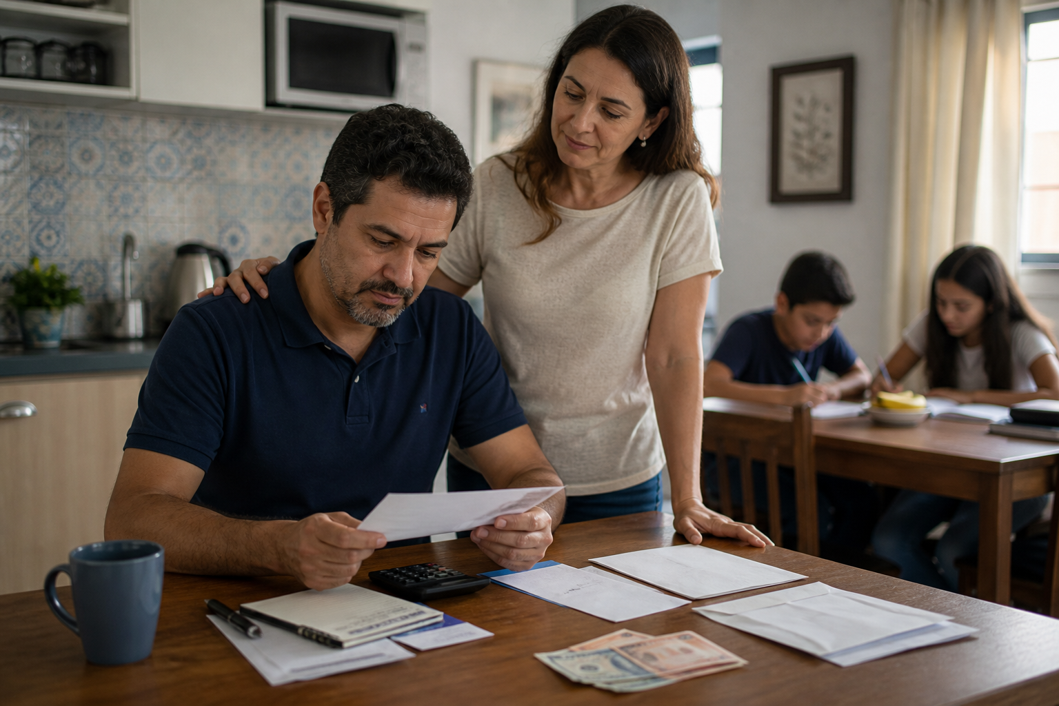 Família reunida enquanto organiza as contas da casa