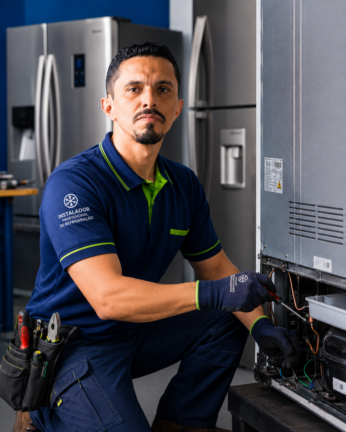 Professor Johnn realizando manutenção em equipamento de refrigeração